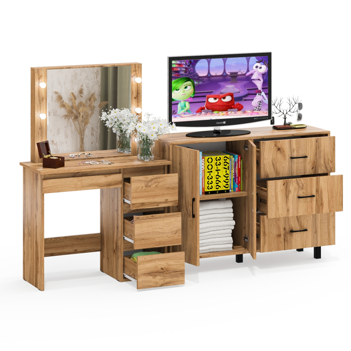 С зеркалом, Комод-тумба 123-1204 и столик косметический с подсветкой и зеркалом Сура