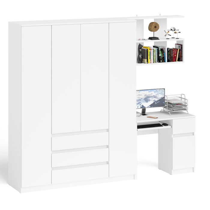 Домашние кабинеты, Стол компьютерный с тумбой справа с большим шкафом Мори МШ1600.1 и полкой открытой