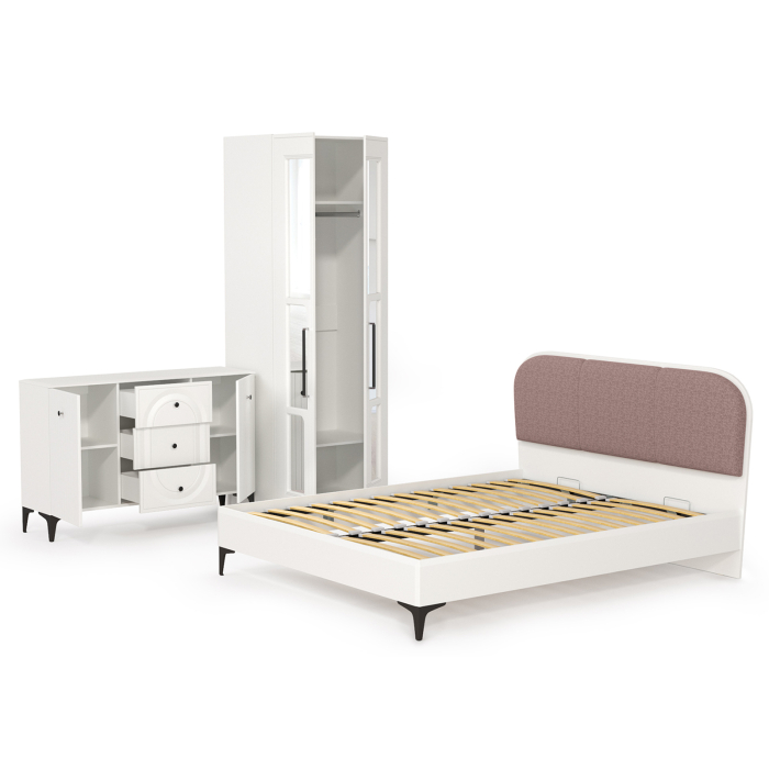 Спальные гарнитуры, Двуспальная кровать 1600 с мягкой спинкой Валенсия с комодом и шкафом