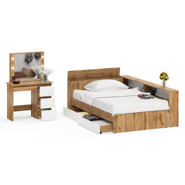 Спальные гарнитуры, Кровать с прикроватным блоком с ящиками Ксения 1200 и туалетный столик с подсветкой Сура