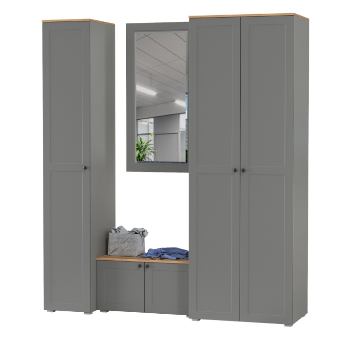 Прихожие, Шкаф 2-х дверный с тумбой и зеркалом и пеналом для прихожей Остин