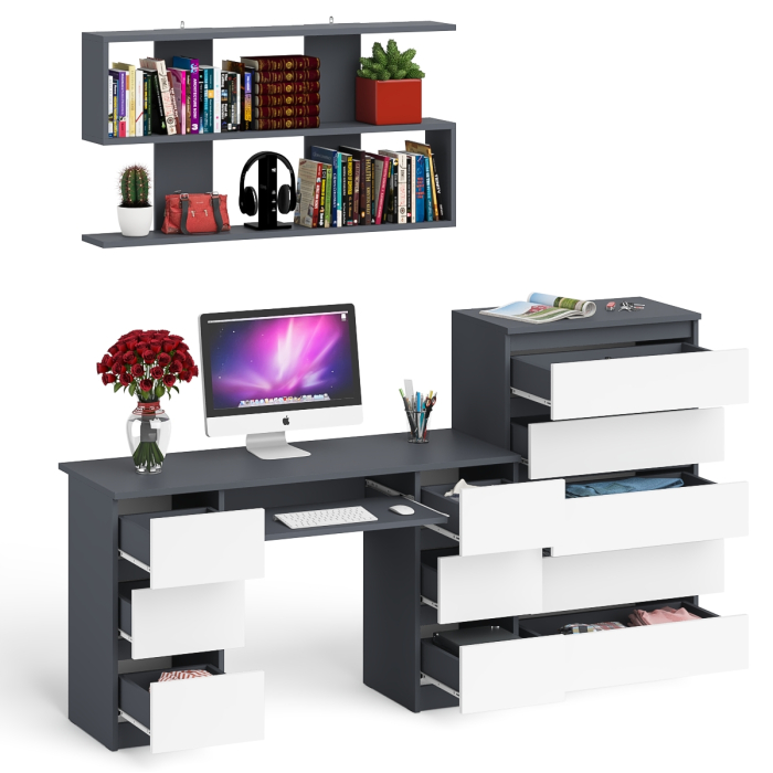 Домашние кабинеты, Стол для работы МС-2 с высоким комодом на пять ящиков и навесной полкой Мори