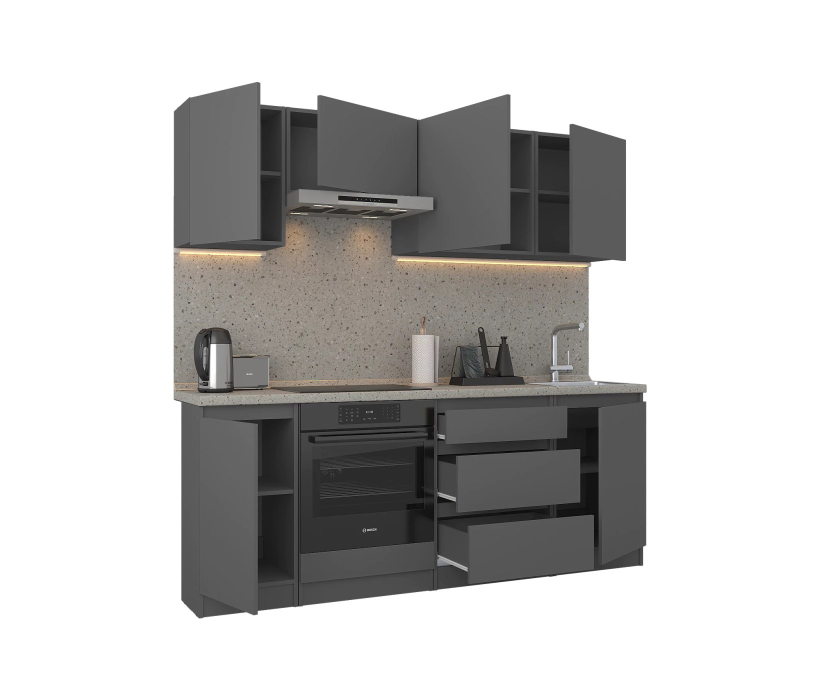 Кухонные гарнитуры, Кухонный гарнитур Леон прямой 210 см, диамант серый