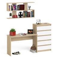 Прямые компьютерные столы, Комод высокий Мори пять выдвижных ящиков со столом для работы на 1200 и навесной полкой 1200