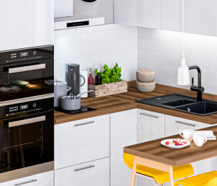 Кухонный гарнитур угловой Анна + Регина Песочный / Белый глянец 2,1 м*1,4 м