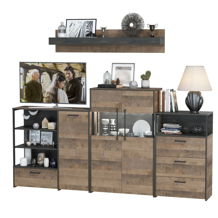 Стенки для гостиной, Комод с витриной с подсветкой с комодом с ящиком и дверкой и с комодом три ящика и ниша Трувор