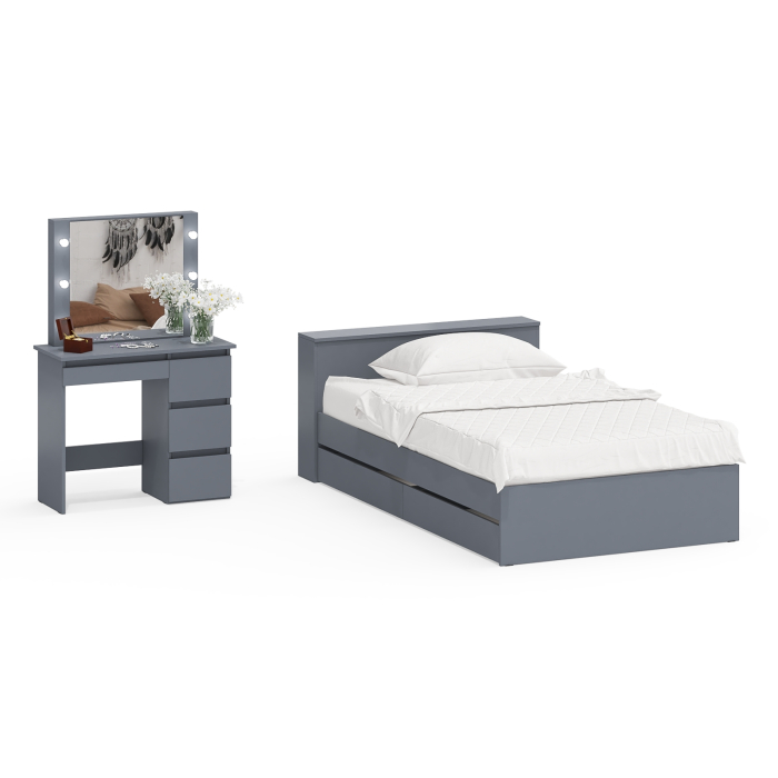 Спальные гарнитуры, Кровать с ящиками полутораспальная Ксения 1200 и туалетный столик с подсветкой Сура