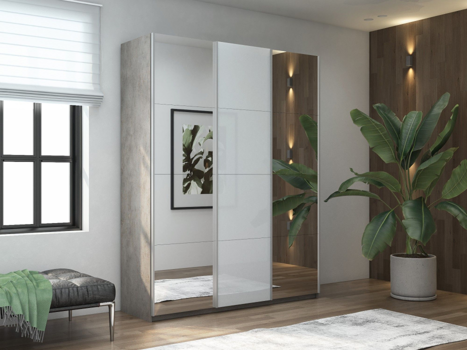 Шкафы-купе 3-х дверные, Шкаф-купе Прайм 3-х дверный Зеркала/Стекло белое/Доводчики 210х57х230