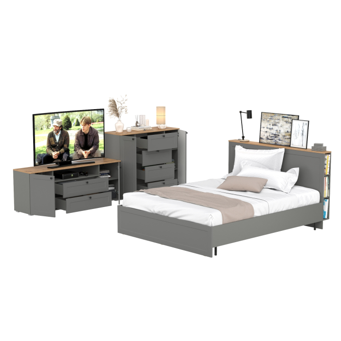 Спальные гарнитуры, Кровать со спальным местом 1600 с ортопедическим основанием с тумбой под ТВ Остин 16.47 и комодом 16.221