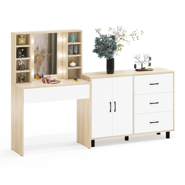 С зеркалом, Туалетный столик с подсветкой 115 и тумба-комод 123-1204