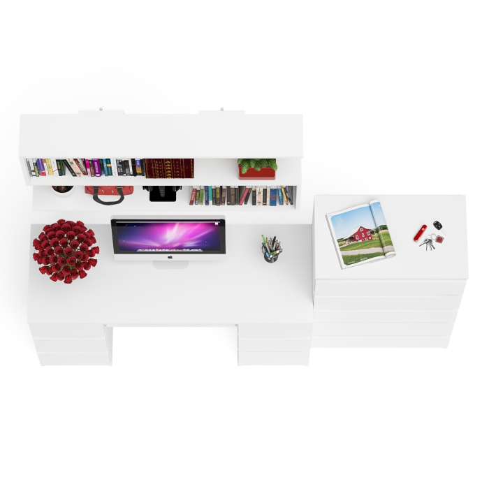 Домашние кабинеты, Стол для работы МС-2 с высоким комодом на пять ящиков и навесной полкой Мори