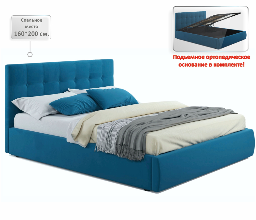 Кровати с мягким изголовьем, Мягкая кровать Selesta 1600 с матрасом PROMO B COCOS с подъемным механизмом