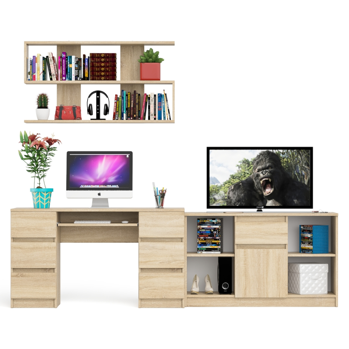 Домашние кабинеты, Стол письменный двухтумбовый Мори МС-2 с навесной открытой полкой и тумбой под ТВ