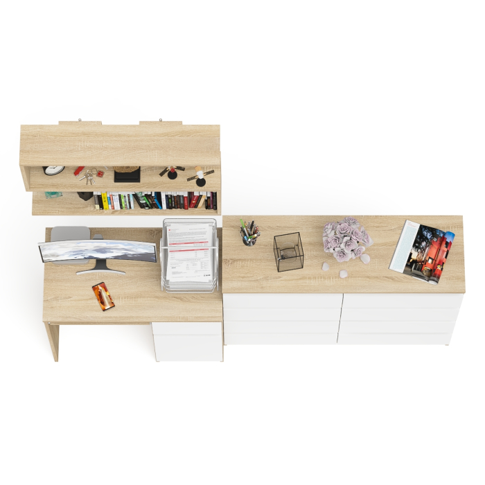 Домашние кабинеты, Большой комод на восемь выдвижных ящиков со столом МС-1 правый и полкой Мори 900