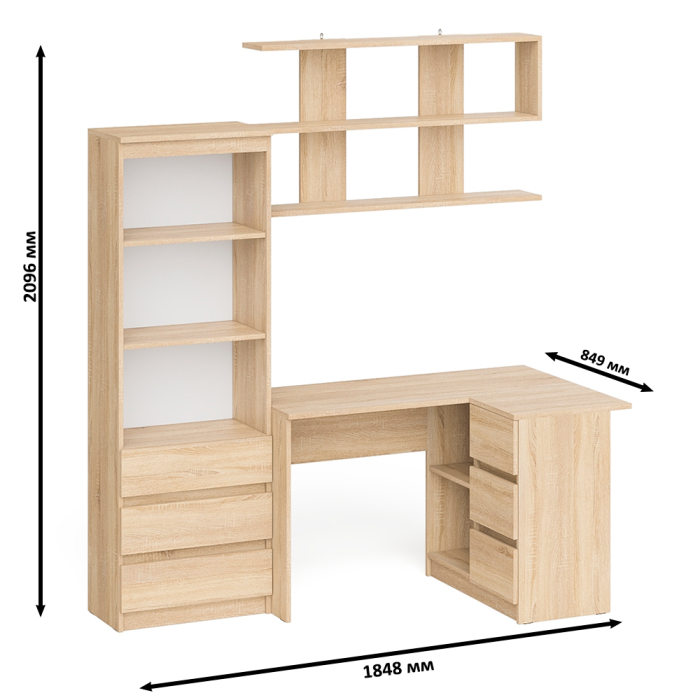 Домашние кабинеты, Рабочее место с угловым столом Мори МС-16 правым со стеллажом и полкой