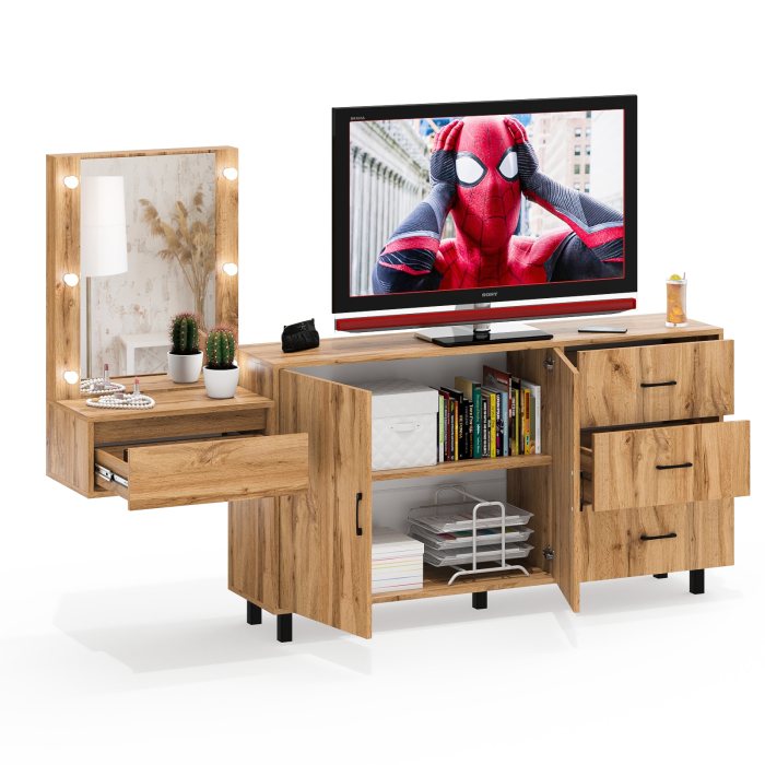 С зеркалом, Косметический навесной столик с подсветкой и комод с ящиками и дверками 123-1604