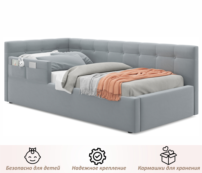 Мягкая кровать, Односпальная кровать-тахта Bonna 900 с защитным бортиким и подъемным механизмом