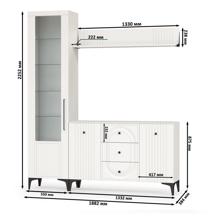 Стенки для гостиной, Комод-тумба под ТВ с полкой и пенал со стеклом Валенсия № 93