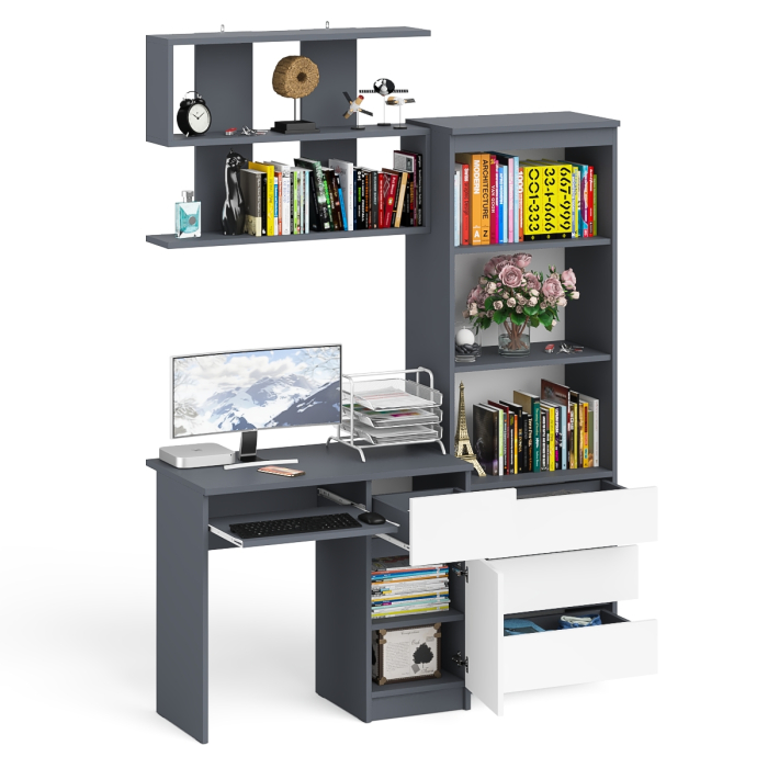 Прямые компьютерные столы, Стол компьютерный Мори МС-1 правый с навесной полкой и стеллаж-комодом 600.3