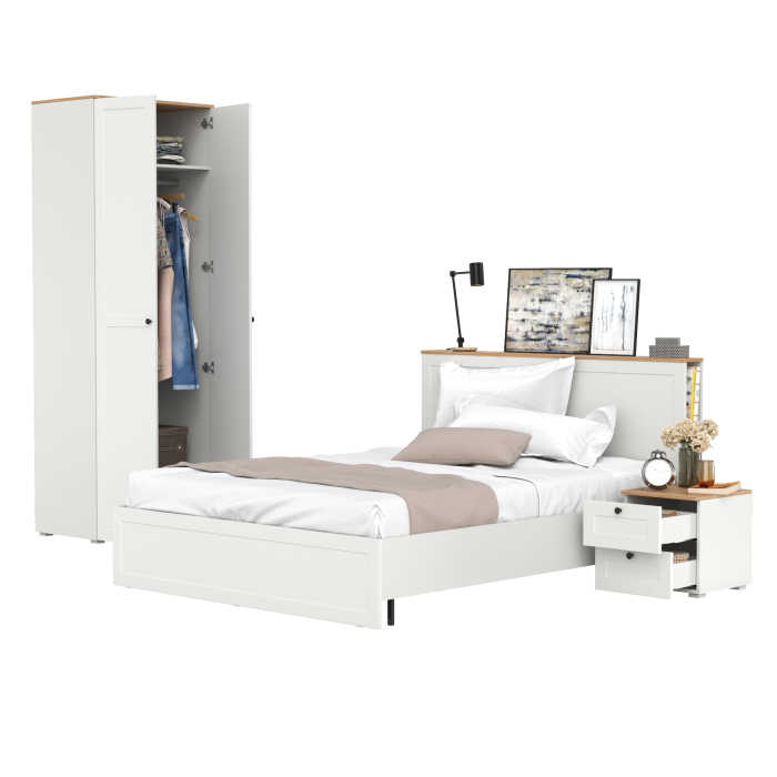 Спальные гарнитуры, Двуспальная кровать Остин с ортопедическим основанием с платяным шкафом 13.224 и тумбой прикроватной