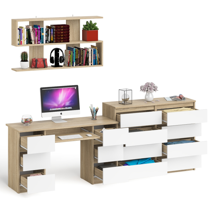 Домашние кабинеты, Полка Мори 1200 с письменным столом Мори МС-2 и комодом на восемь ящиков