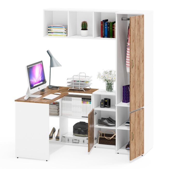 Домашние кабинеты, Компьютерный стол с нишами с навесной полкой Лидер-8 и тумбочкой 3.19 с пеналом для одежды
