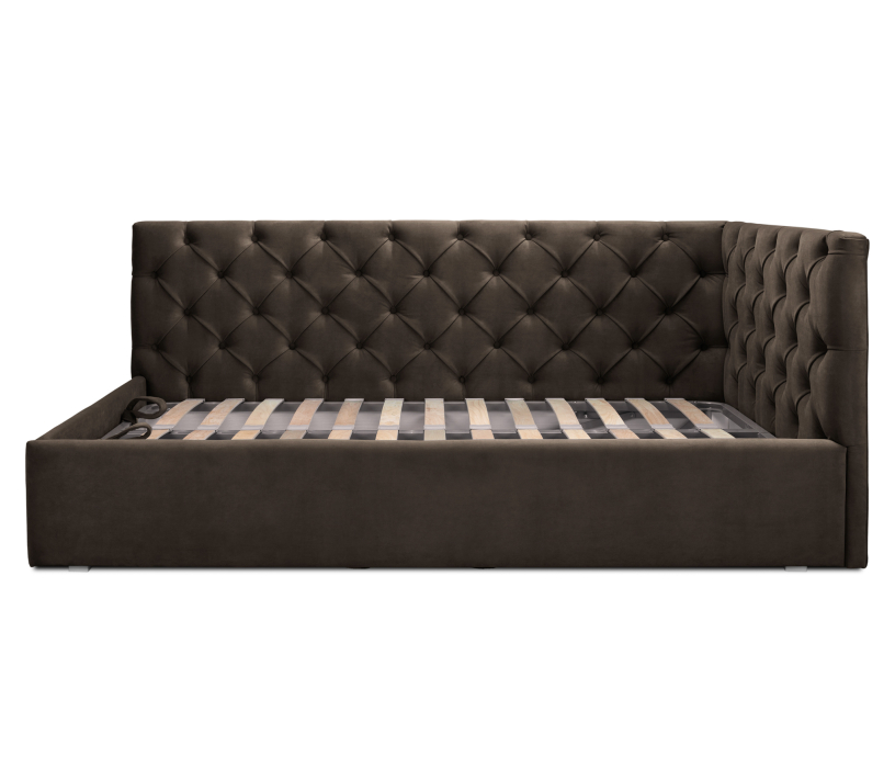 Мягкая кровать, Кровать с мягким изголовьем угловая Оливия 1400 с подъемным механизмом, микровелюр