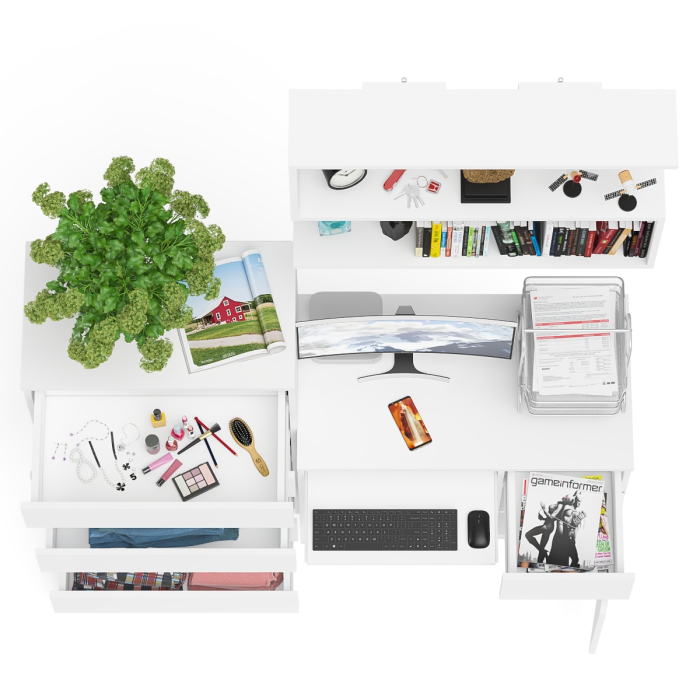 Домашние кабинеты, Стол компьютерный Мори МС-1 правый с высоким комодом на пять ящиков и навесной полкой