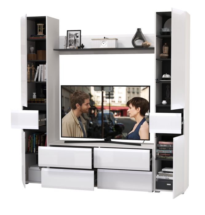 Стенки для гостиной, Тумба-ТВ с открытой навесной полочкой и два пенала Сидней с ящиками