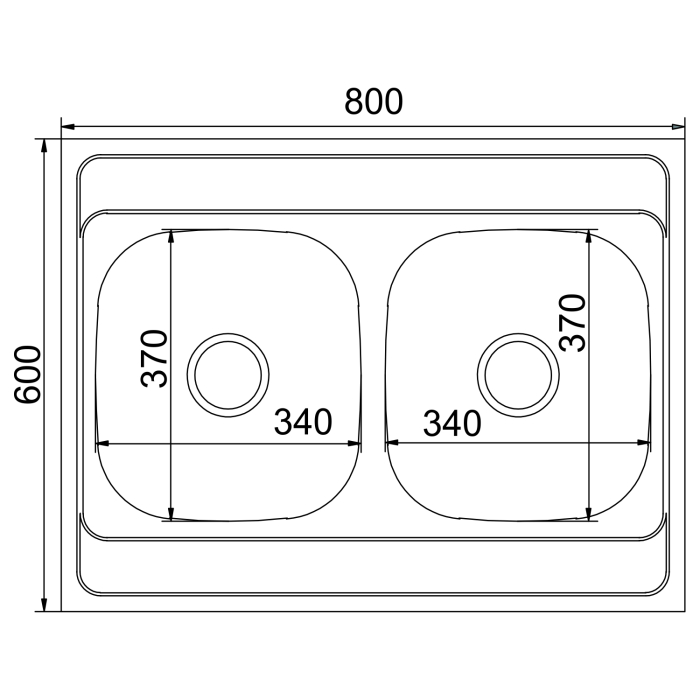 Кухонные мойки, Мойка 80х60 (0,6) 2-х чаш вып 3 1/2 MIXLINE 18см с сифоном