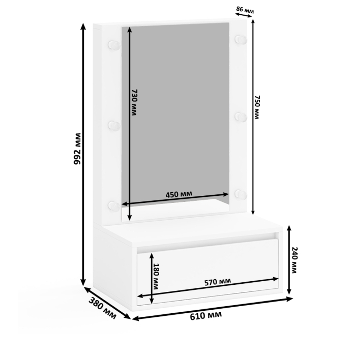Туалетные столики, Стол косметический навесной с подсветкой и комод 122-1504