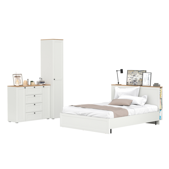 Спальные гарнитуры, Двухспальная кровать с ортопедическим основанием Остин и платяной шкаф-пенал с тумбой-комодом