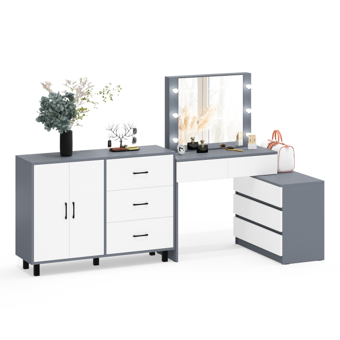 С зеркалом, Стол косметический с подсветкой 110 и тумба-комод с тремя ящиками и дверками 123-1204