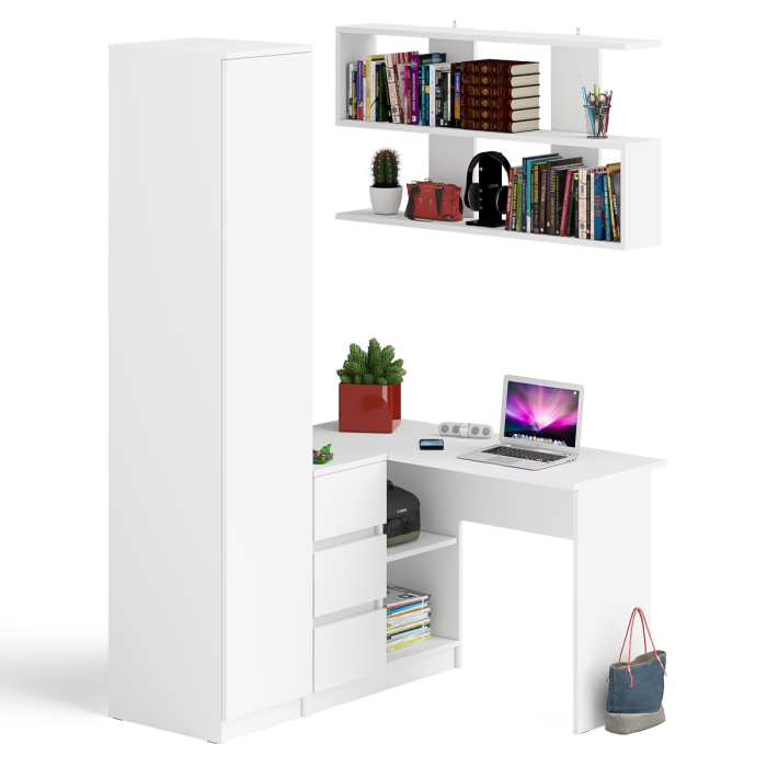 Домашние кабинеты, Угловой компьютерный стол с ящиками Мори МС-16 левый с книжной полкой и пеналом с полками