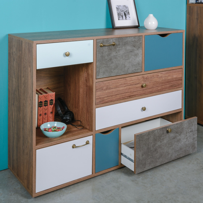 Комоды, Комод Вайс 10.104 морское дерево винтаж/камень тёмный/бензин/мята/белый премиум