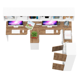 Комплектация мебели в домашний офис Лидер-8 из двух столов с полками и пенала с тумбой с нишей