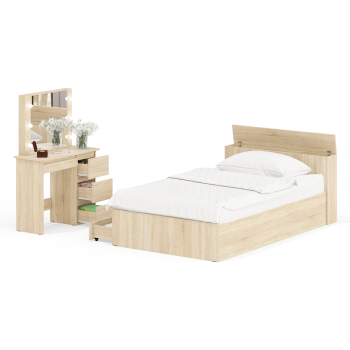 Спальные гарнитуры, Кровать с ящиками полутораспальная Ксения 1200 и туалетный столик с подсветкой Сура