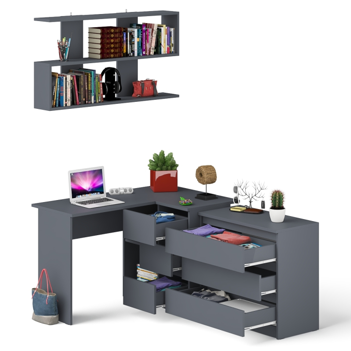 Домашние кабинеты, Стол компьютерный Мори МС-16 правый с навесной полкой и комодом МК800.1
