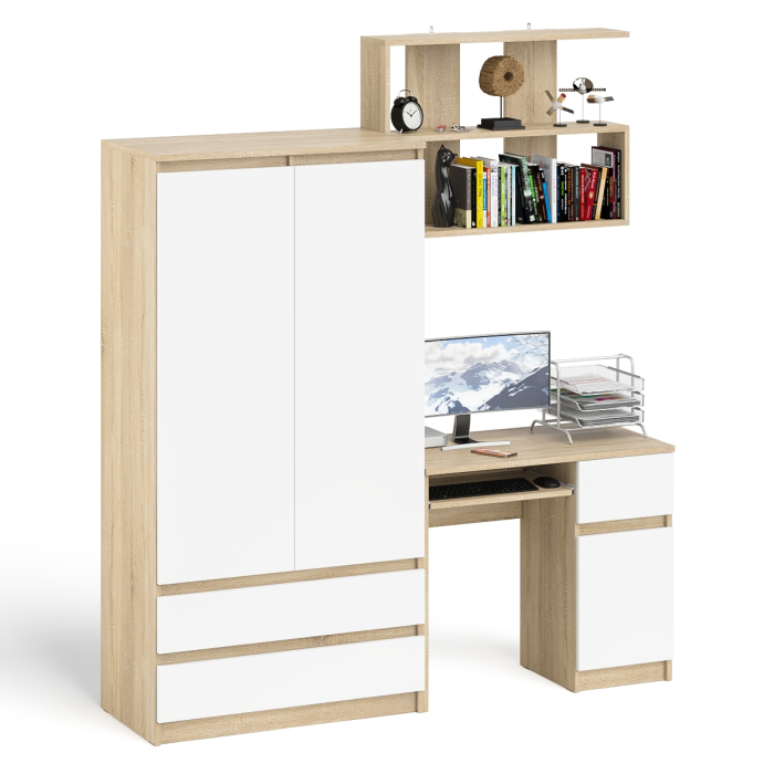 Домашние кабинеты, Стол компьютерный с ящиком МС-1 правый с навесной полкой и шкаф-комод МШ900.1 Мори