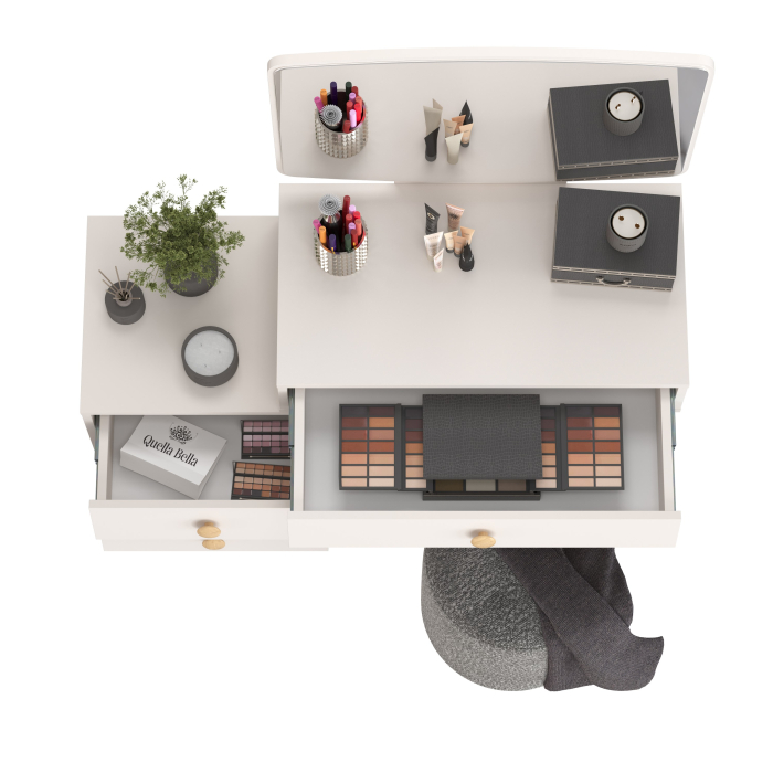 С зеркалом, Пуфик мягкий Марта и туалетный стол в спальню Афина