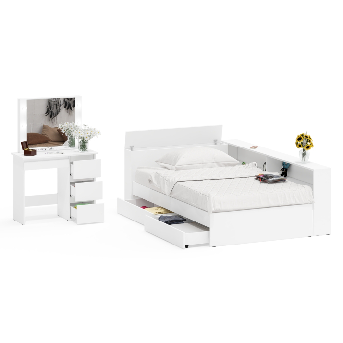 Спальные гарнитуры, Кровать с прикроватным блоком с ящиками Ксения 1200 и туалетный столик с подсветкой Сура