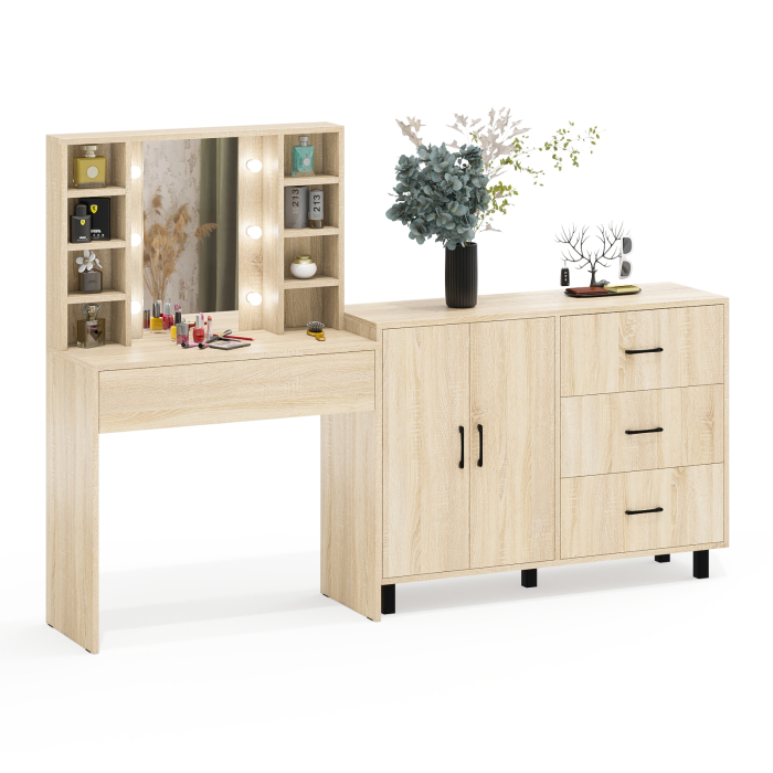 С зеркалом, Туалетный столик с подсветкой 115 и тумба-комод 123-1204