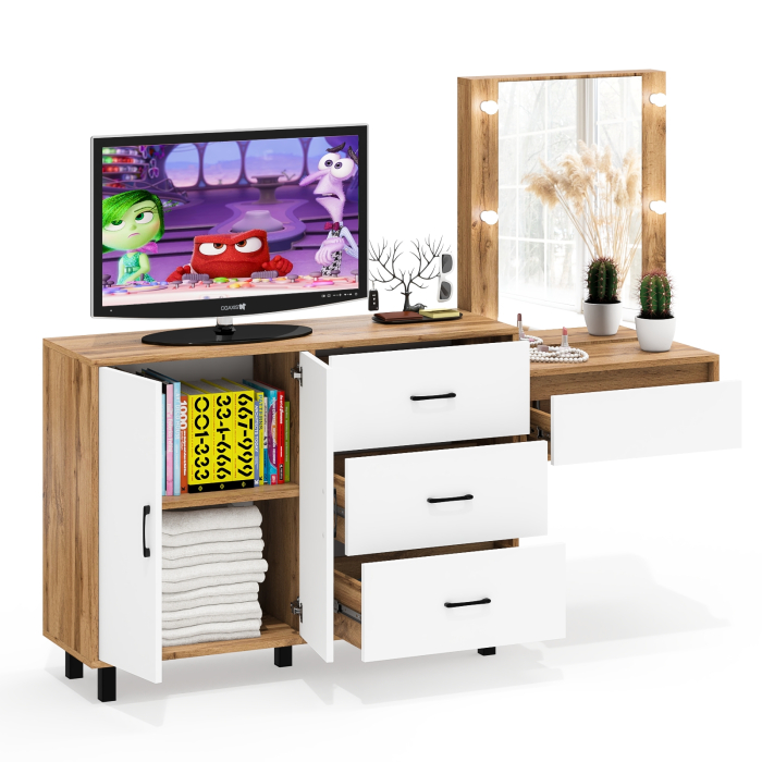 С зеркалом, Стол косметический навесной с подсветкой и тумба-комод 123-1204.