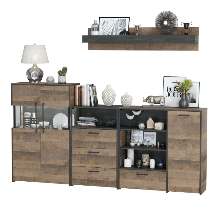 Стенки для гостиной, Комод с витриной с подсветкой с комодом с ящиком и дверкой и с комодом три ящика и ниша Трувор