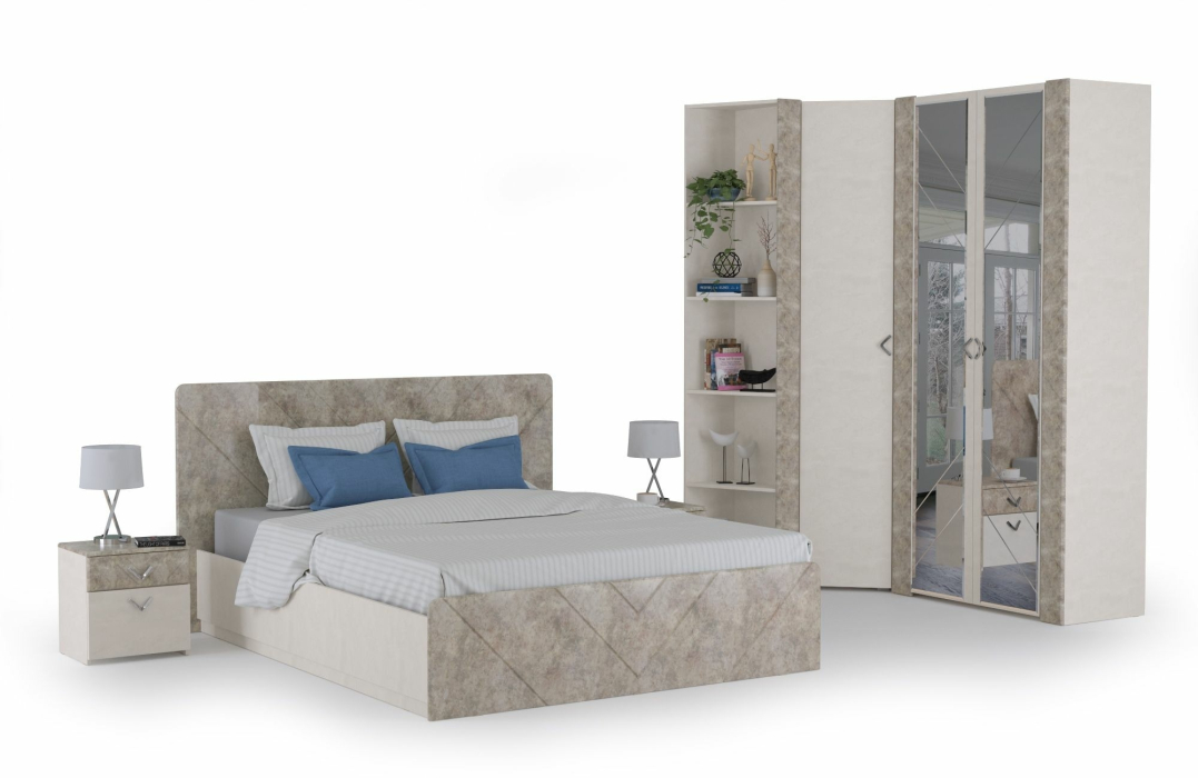 Модульные cпальни, Спальня Амели № 6 шёлковый камень/бетон чикаго беж, 6 предметов мебели
