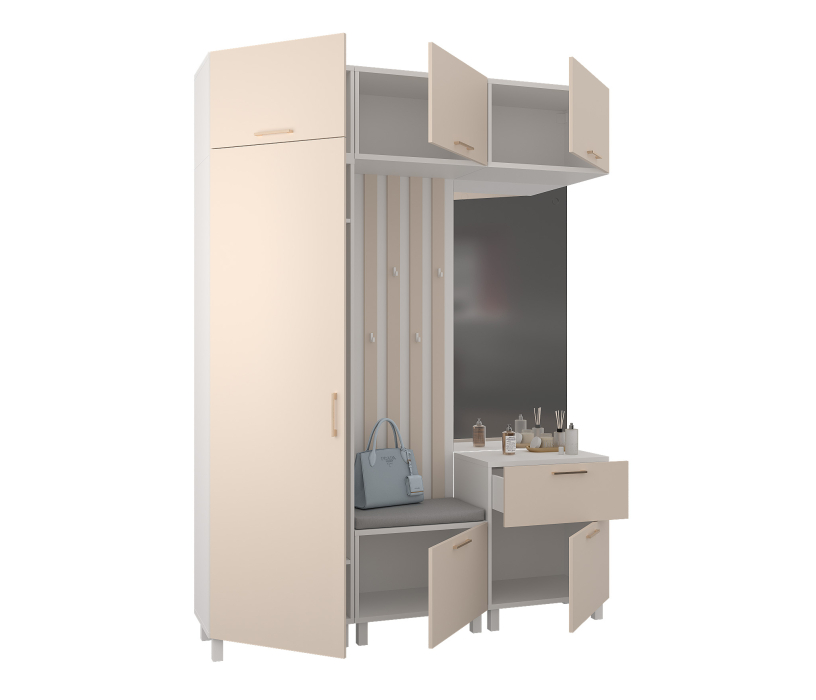 Прихожие, Прихожая Тренд с антресолью и рейками Белый/Белла Кашемир серый