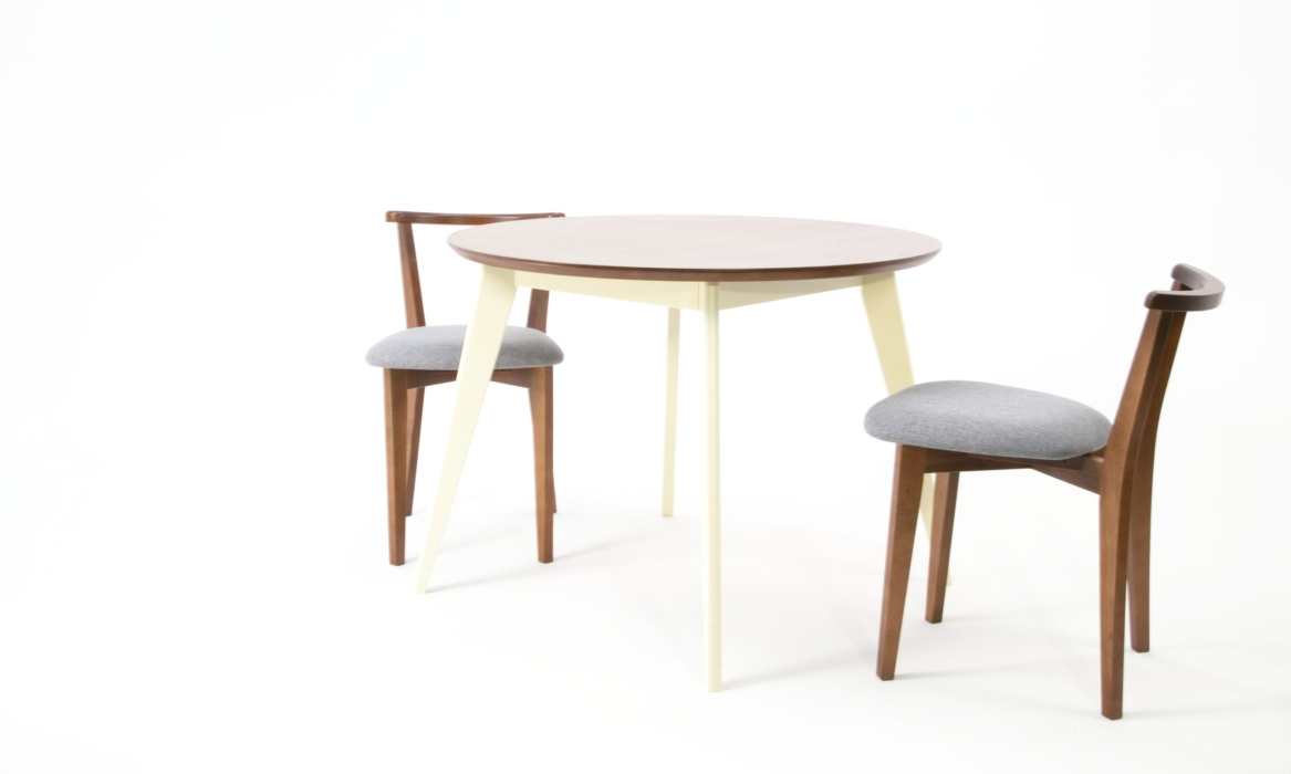 Обеденные группы, Стол Сканди К 100 слоновая кость/орех со стульями Франк орех рогожка серый