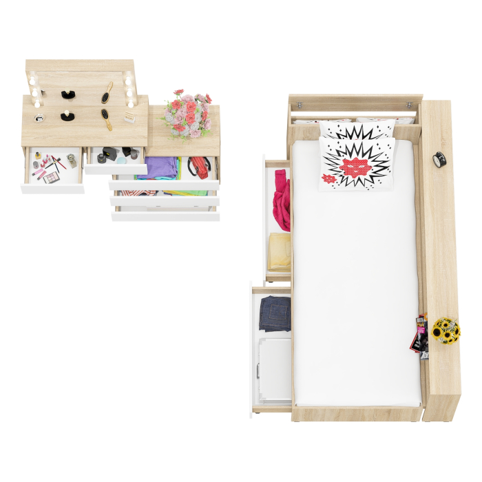 Спальные гарнитуры, Столик косметический с лампочками 110 и Ксения 900 односпальная кровать с ящиками и прикроватным блоком