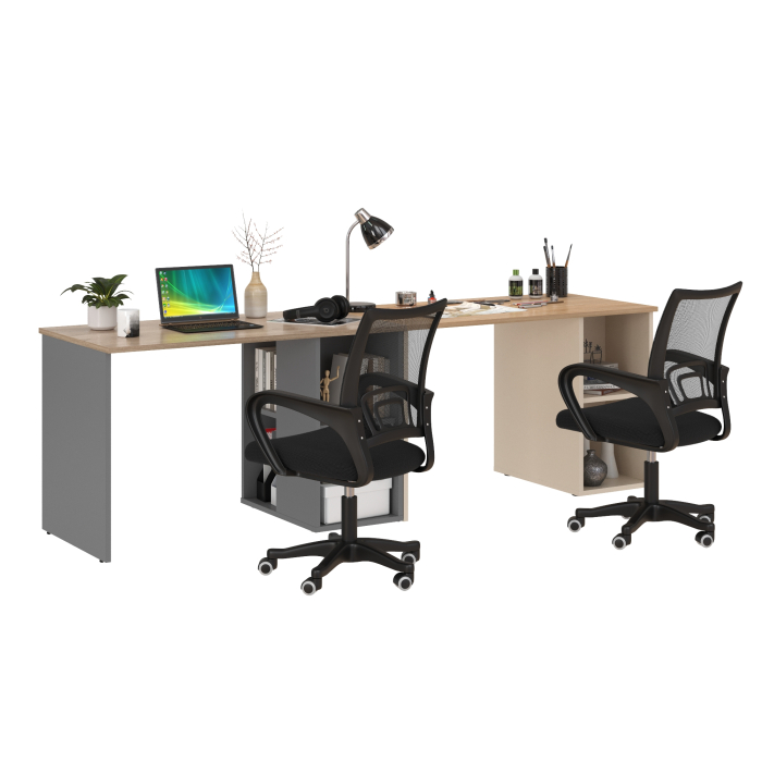 Прямые компьютерные столы, Два письменных стола Лайт 12.163 и два чёрных компьютерных кресла