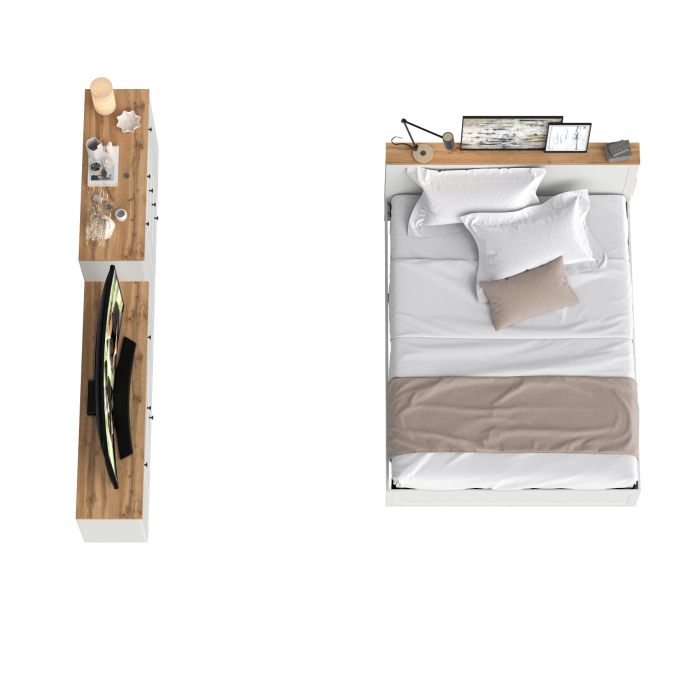 Спальные гарнитуры, Кровать со спальным местом 1600 с ортопедическим основанием с тумбой под ТВ Остин 16.47 и комодом 16.221